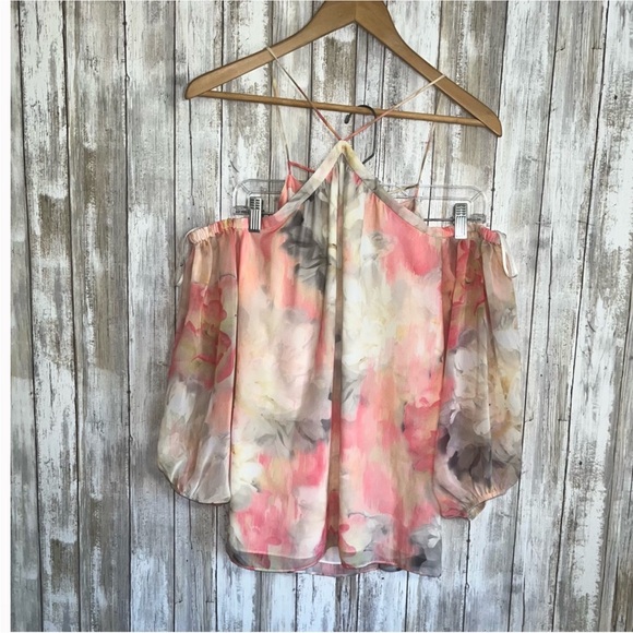 White House Black Market Watercolor Cold Shoulder Blouse - Picture 4 of 8